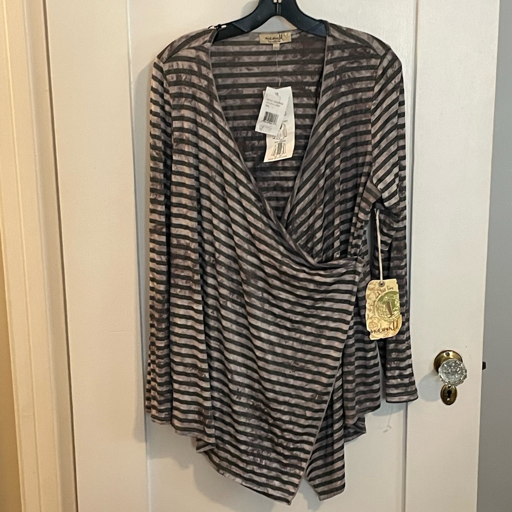 NWT One World Wrap Gray Striped Women’s Top